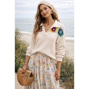 Joseph A Crochet Floral Long Sleeve Collared Pullover Sweater Cream Women's M